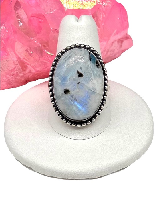 Hand Crafted Jewelry - Blue Flash Rainbow Moonstone Ring Size 9 925 Sterling Silver Overlay Oval Stone